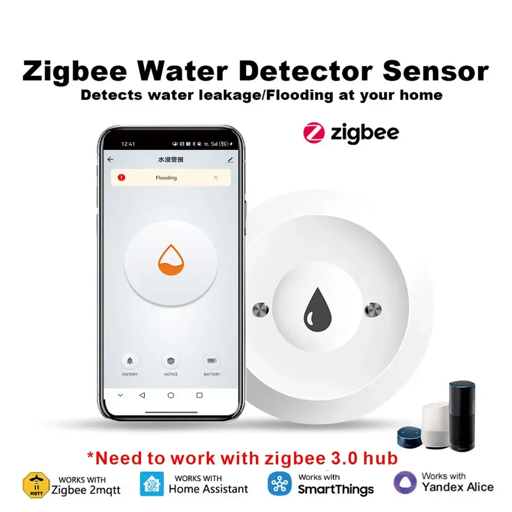 ZigBee Smart Wasserleck-Sensor Wasserüberlauf-Niveaudetektor Sicherheitsalarmsystem Flut- und Leckagesensor Google Home 2MQTT