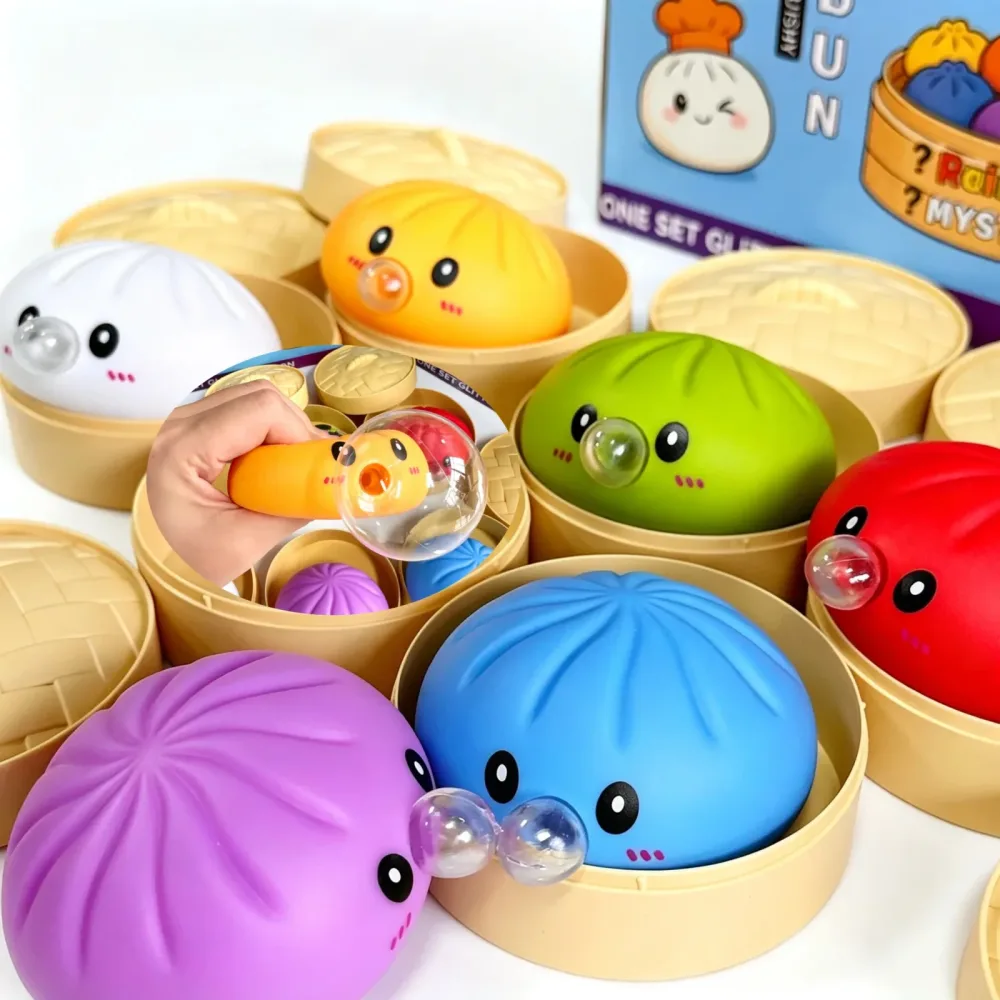 6 Stück Simulations-Dumpling-Quetschspielzeug zum Blasen von Seifenblasen, buntes, stressabbauendes Spielzeug für Erwachsene