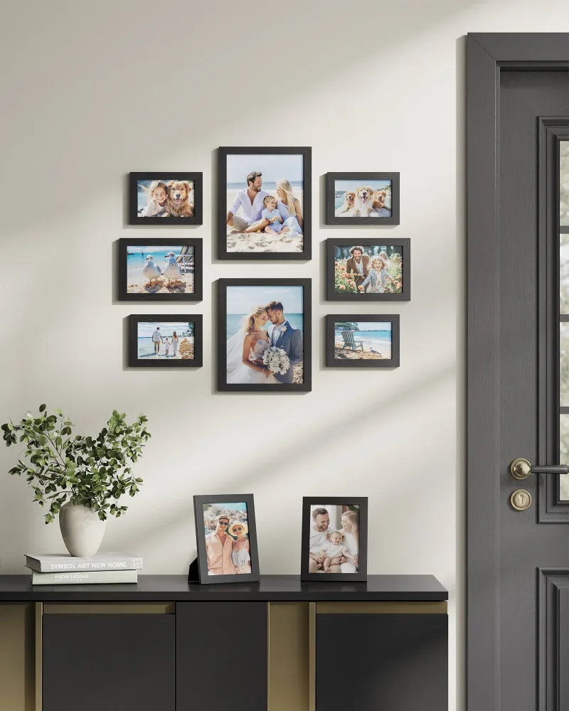 SONGMICS Bilderrahmen 10er Set, für 2 Fotos in 20 x 25 cm, 4 Fotos in 13 x 18 cm, 4 Fotos in 10 x 15 cm, Kunststoffscheibe, MDF