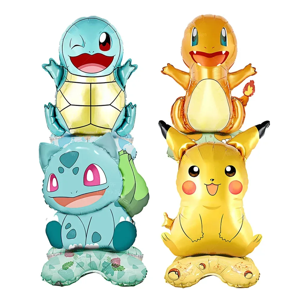 FUNISM 4 Stück stehender Pokemon-Ballon, Cartoon-Pikachu, Squirtle, Bulbasaur-Figur, Folienballon, Dekoration, Zubehör, Party-Geschenk