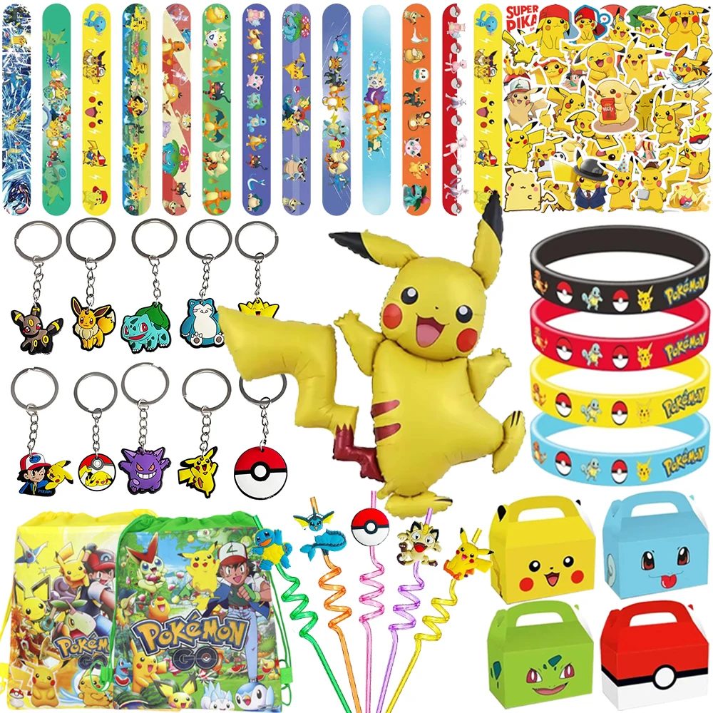 Pokemon-Partyzubehör, niedliches Pikachu-Armband, Aufkleber, Geschenktüte, Strohhalme, Luftballons für Kindergeburtstag, Babyparty-Geschenke