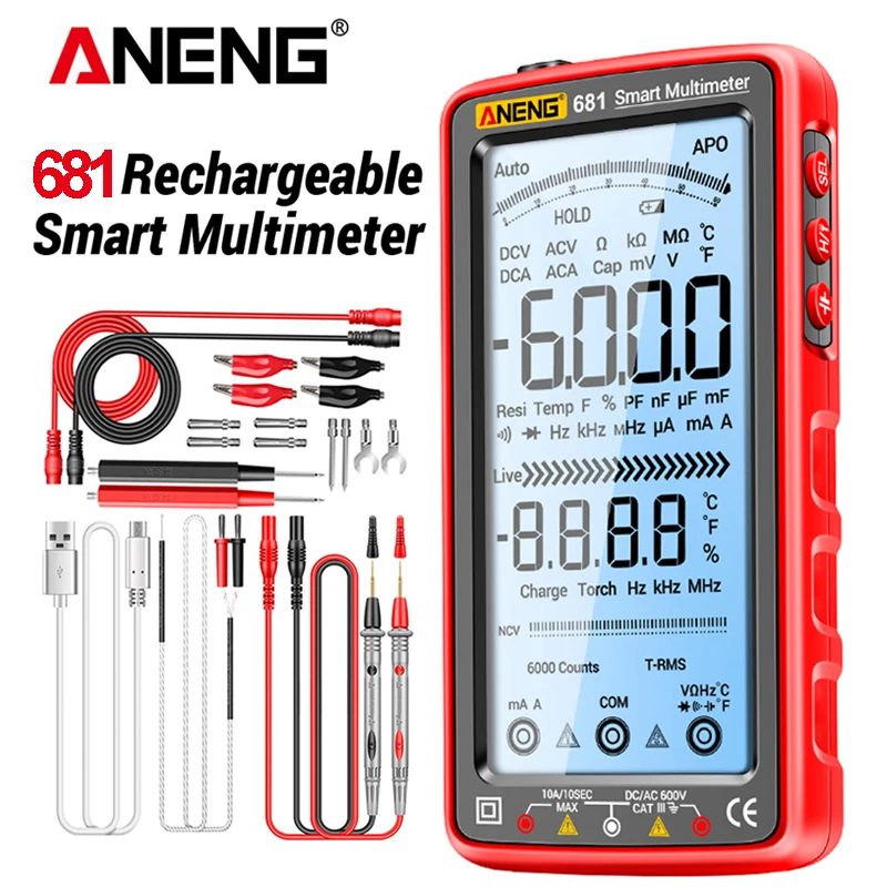 ANENG 681 Wiederaufladbares digitales professionelles Multimeter, berührungsloser Spannungsprüfer, AC/DC-Spannungsmesser, LCD-Bildschirm, Stromtester