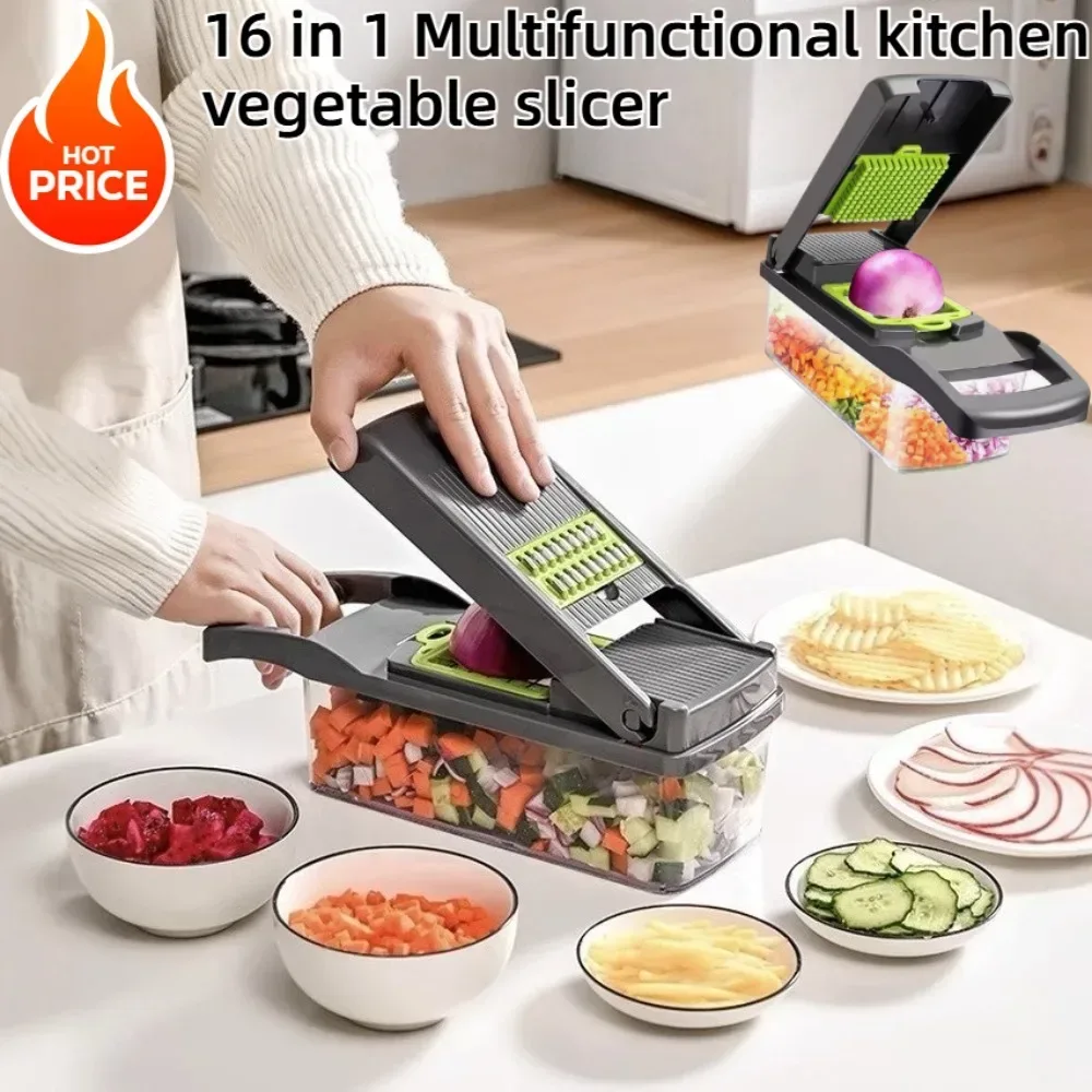 16-in-1 Handheld-Schneider, Würfelschneider, Reibe, Multifunktionaler Gemüsezerkleinerer, Küchenwerkzeug mit Behälter & Sicherheitsschutz