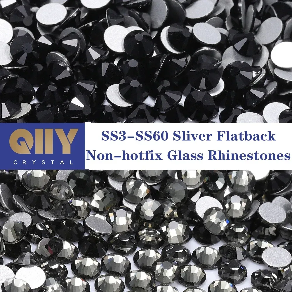 QIIY SS3-SS60 Black Series Hochwertige Glas-Strasssteine, superhell, nicht Hotfix, Flatback-Kleber auf 3D-Steinen für DIY-Nagelkunst