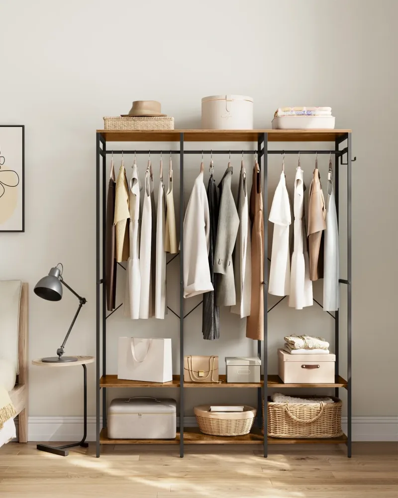 SONGMICS Kleiderschrank offen, Kleiderständer, Garderobenständer, Garderobe mit Kleiderstange, Ablagen, abnehmbare Haken