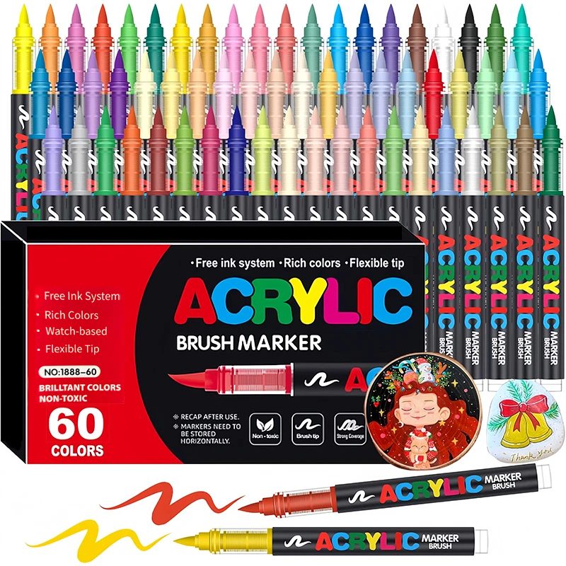 48 Farben Weiche Pinselspitzen-Acrylmarker-Set, Malstifte für Stein, Holz, Stoff, Glas, DIY-Basteln, Wasserfeste Farbmarker