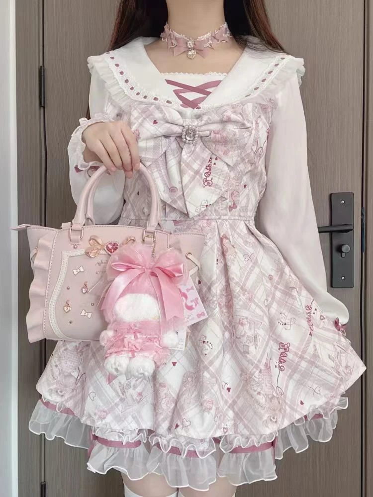 2023 japanische Süße Lolita Kawaii Kleid Frauen Frühling Gedruckt Bogen Gefälschte Zwei Stück Kleid Weibliche Korea Stil Design Party Kleidung