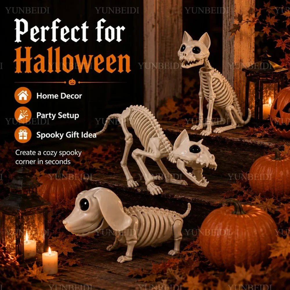 Halloween-Tierskelett-Modelle: Katzen- und Hundeskelett-Ornamente, Halloween-Horrordekorationen, Geisterhaus-Dekorationsrequisiten