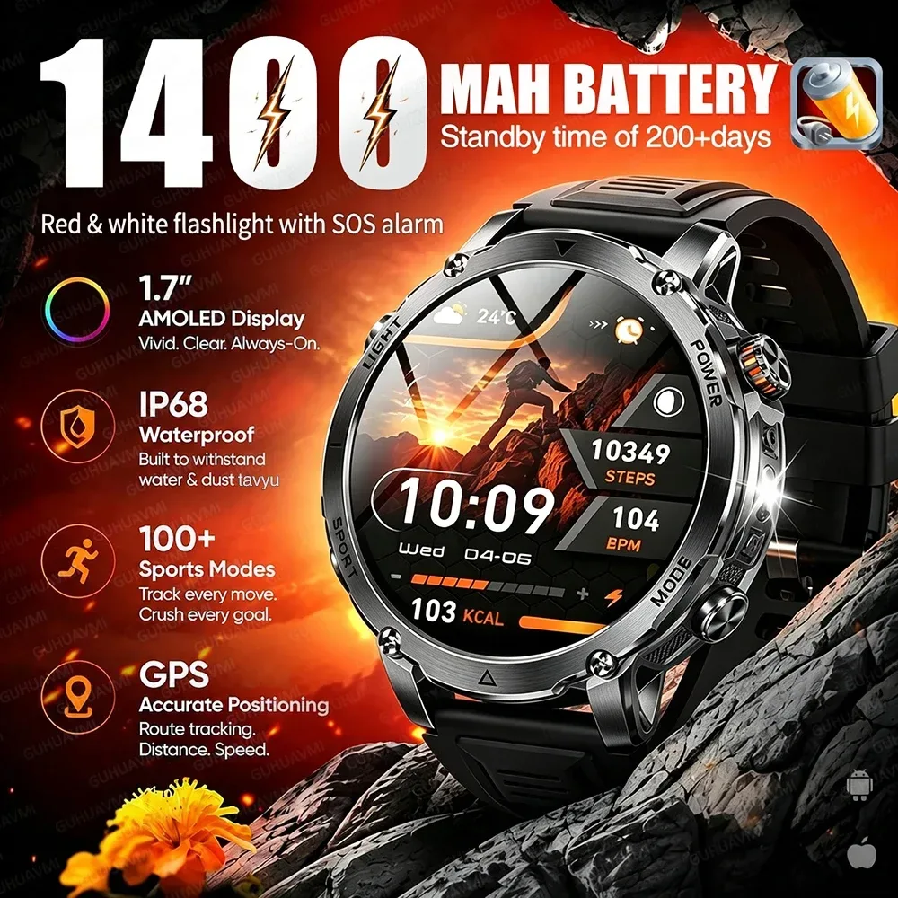 Neue 1400mAh Smartwatch mit großem Akku für Herren, Outdoor-GPS, Taschenlampe, IP68 wasserdicht, Bluetooth-Anrufe, AMOLED-Display, Militär-Sport-Smartwatch