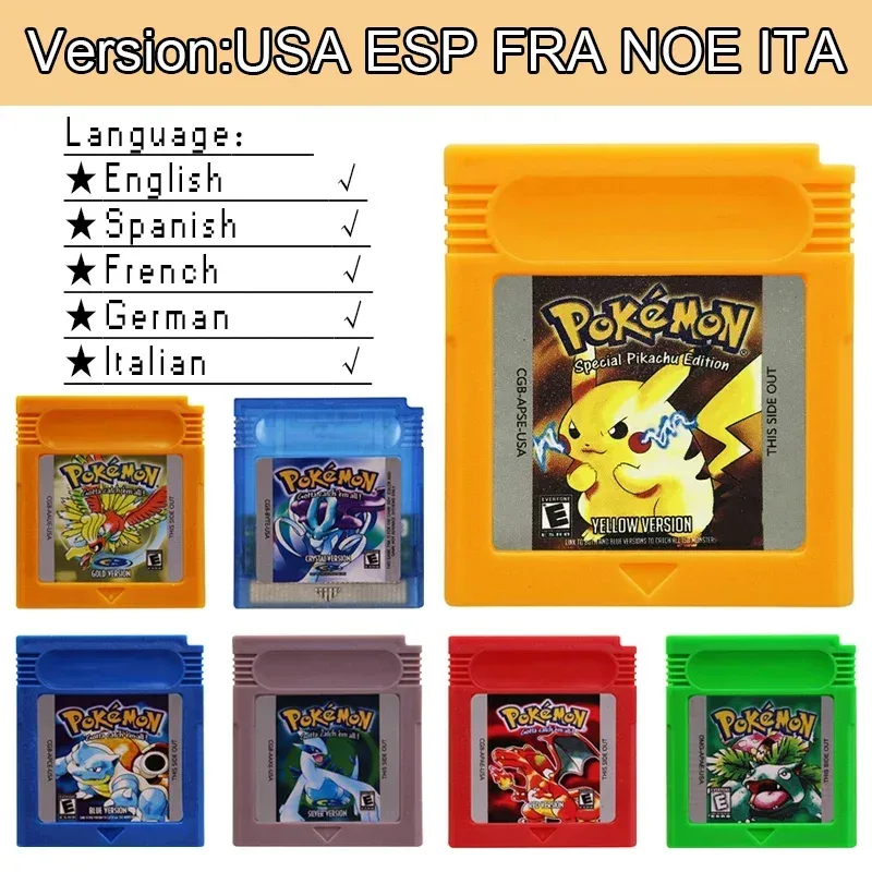 GBC-Spielkassette Pokemon Blau Kristall Gold Grün Rot Silber Gelb mit Mehrsprachiger 16-Bit-Videospielkonsolenkarte