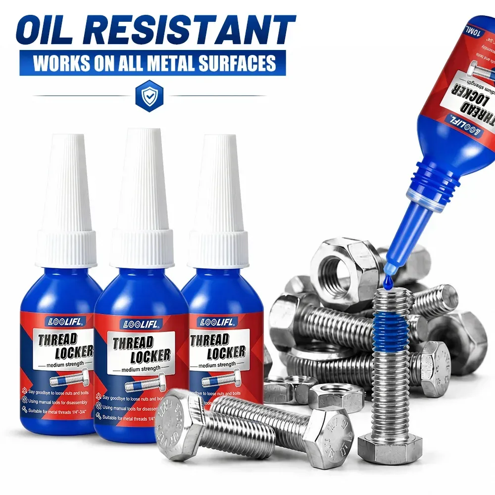 Loolifl-Blue-Threadlocker, ein Schraubenkleber und Gewindesicherungsmittel, verwendet fortschrittliche anaerobe Aushärtungstechnologie, harttrocknet bei Kontakt mit Metall und bietet starke