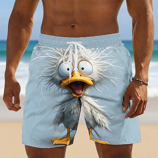 Lustige Tier-Enten 3D-Druck Herren Strandshorts Schnelltrocknend Kordelzug Elastischer Bund Badeshorts Ziegen-Katzen-Grafik Cartoon Sportshorts