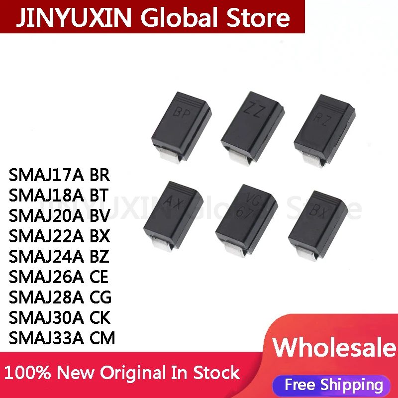 100 Stücke SMAJ17A BR SMAJ18A BT SMAJ20A BV SMAJ22A BX SMAJ24A BZ SMAJ26A CE SMAJ28A CG SMAJ30A CK SMAJ33A CM Auf lager Großhandel
