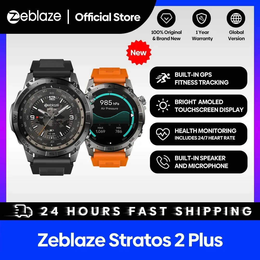 Neue Zeblaze Stratos 2 Plus GPS-Smartwatch, 1,43 Zoll AMOLED-Display, Kompass, barometrischer Höhenmesser, Fitness-Tracking-Smartwatch