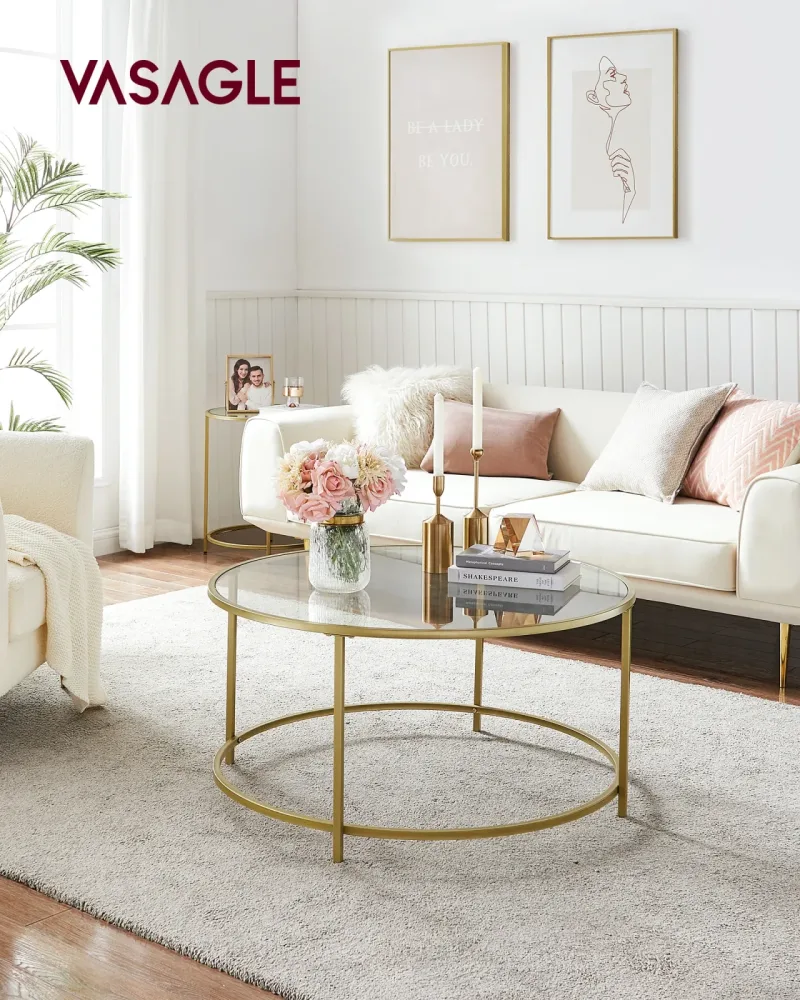 VASAGLE Couchtisch rund, Beistelltisch, Glastisch mit goldenem Eisen-Gestell, Wohnzimmertisch, Sofatisch, robustes Hartglas