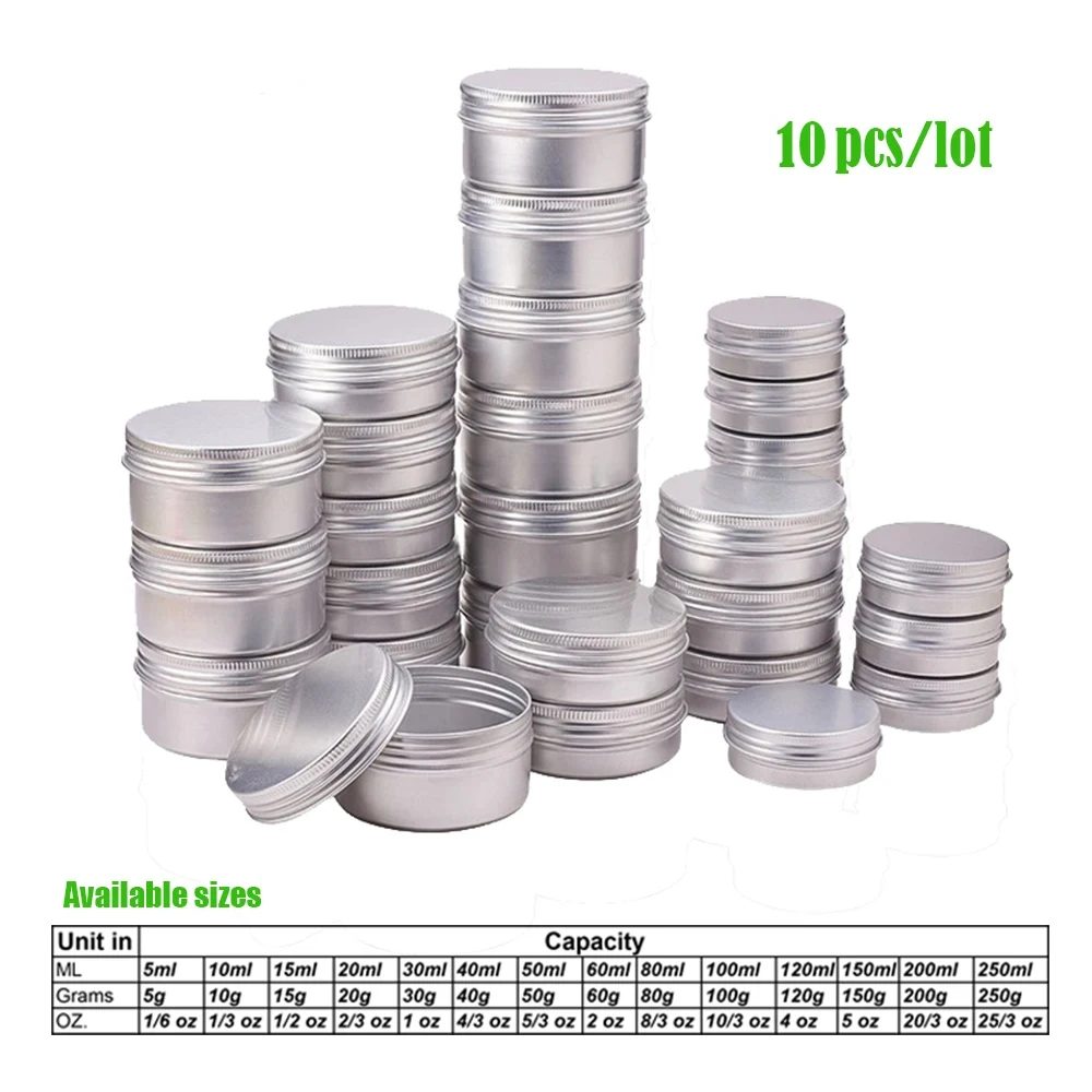 10 Stück Aluminium-Dose, Metallbehälter, 5 g, 10 g, 15 g, 20 g, 30 g, 50 g, 60 g, 100 g, kosmetische Gesichts-Augencreme, Verpackung, leere Dosen, Lippenbalsam, Kerzenglas