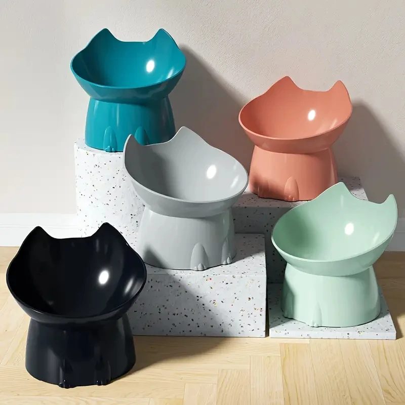 1 Stück WhiskerWare erhöhter Katzennapf, erhöhter Futternapf aus Kunststoff mit kippbarem Rand, Nackenschutz für Katzenfutter
