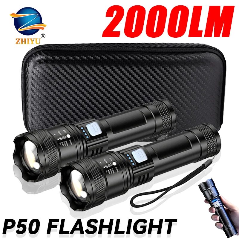 Taktische LED-Taschenlampe, 2000 lm, USB wiederaufladbar, wasserdicht, Zoom-Taschenlampe, helles tragbares Notlicht für Camping im Freien