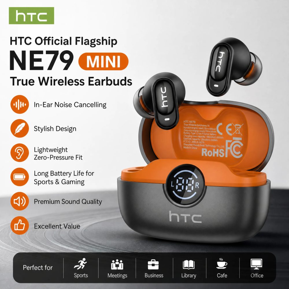 HTC NE79 TWS Bluetooth 6.0 Ohrhörer mit KI-Übersetzung in 135 Sprachen, ENC Geräuschunterdrückung, HiFi-Stereo-Kopfhörer mit LED-Anzeige