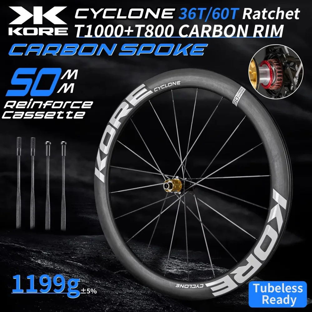 KORE Carbon-Speichenlaufradsatz ? 50 mm ? T1000 Carbonfelgen 36T/60T Ratchet-Nabe XDR/HG 700C Design für ultraleichte Rennrad-Performance