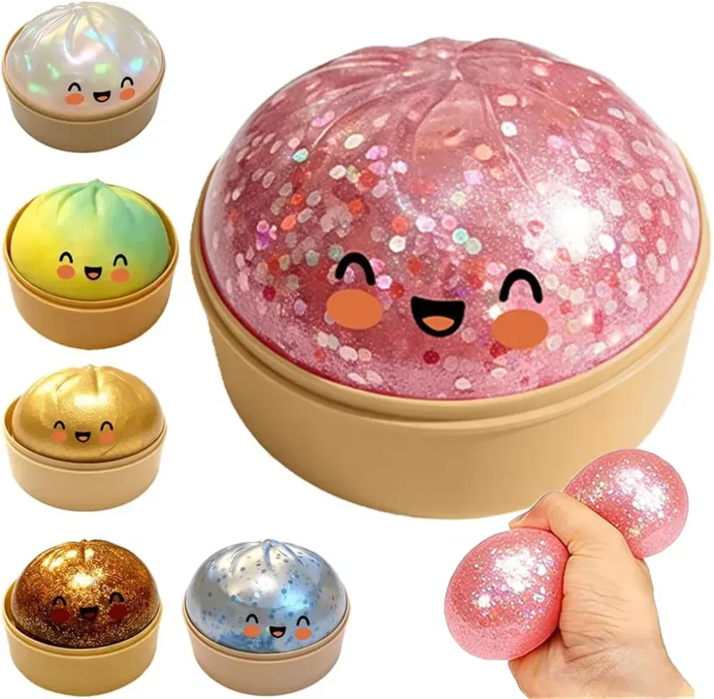 Premium Dampfnudel-Squishy-Spielzeug ? Langsam aufsteigender Glitzer-Stressball, weicher, elastischer Sensorik-Quetschball zur Stresslinderung, Deko für Zuhause und Büro