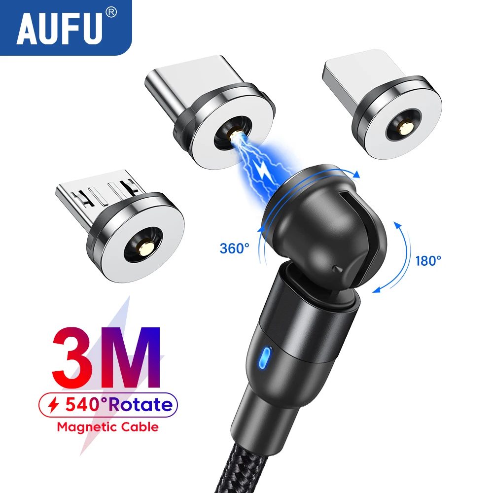 AUFU 540 Drehen Magnetisches Typ C Kabel 3 in 1 Schnellladekabel Für iPhone Xiaomi Samsung Huawei Micro USB Magnet Ladekabel