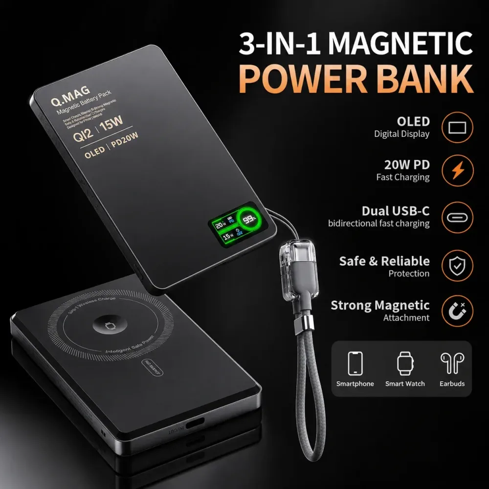 Magnetische Kabellose Powerbank Qi 2.1 USB-C Schnellladung Externer Akku für iPhone 12-17 Pro Airpods Watch Xiaomi 10000mAh