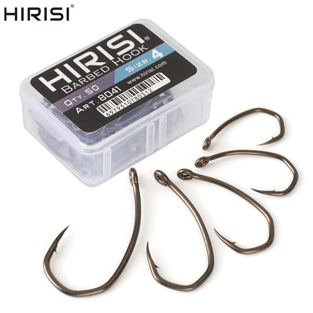 Hirisi 8041 50 Stück PTFE-beschichtete Angelhaken aus Hochkarbon-Edelstahl Rostfrei Scharfe Spitze mit Widerhaken und Öse für Angelzubehör
