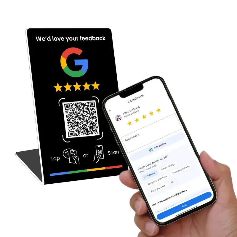 NFC25, programmierbar für Google Review Card, NFC-Stationstabelle, 13,56 MHz, QR-Code kann unabhängig aufgestellt werden, um Standing Card zu verbinden