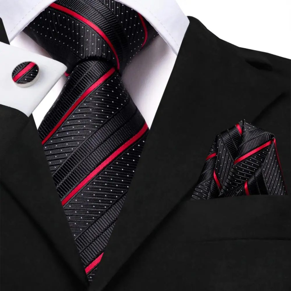 Schwarz-Rot Gestreifte Hochzeitskrawatte für Herren mit Einstecktuch und Manschettenknöpfen ? Geschenk für Männer, modische Business- und Party-Krawatte, Dropshipping, Hi-Tie Designer Seide