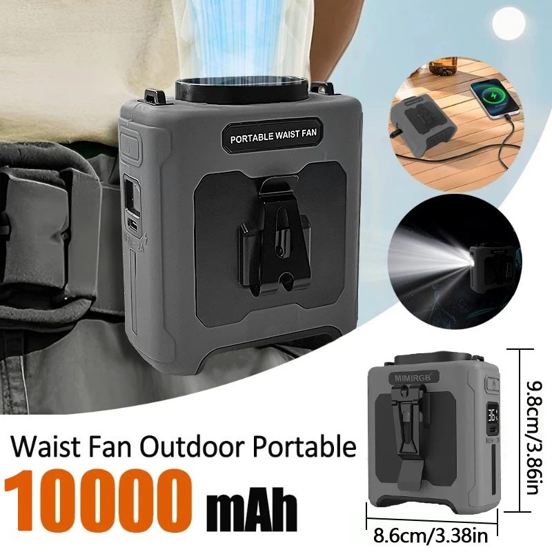 Tragbarer Taillenventilator, 10.000 mAh, mit Powerbank, LED-Beleuchtung, hängender Halsventilator, 5 Geschwindigkeiten, starker Luftstrom, Kühlventilator für Arbeiten im Freien