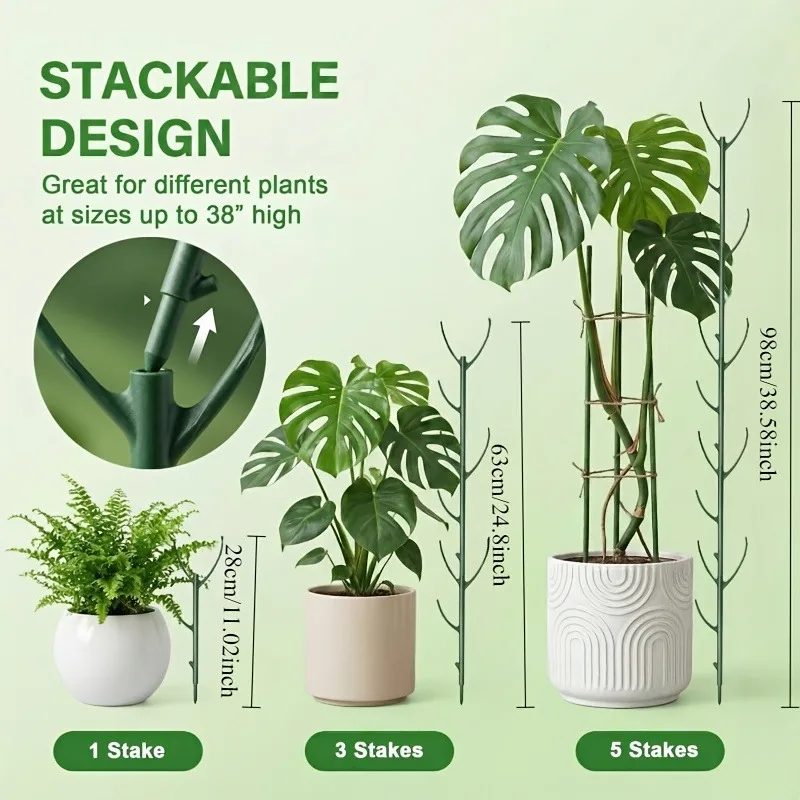 6-teiliges Monstera-Pflanzenstützen-Set, stapelbare hohe Stangen mit Bändern, unterstützen Kletterpflanzenstiele, langlebige Gartenstützen für den Außenbereich