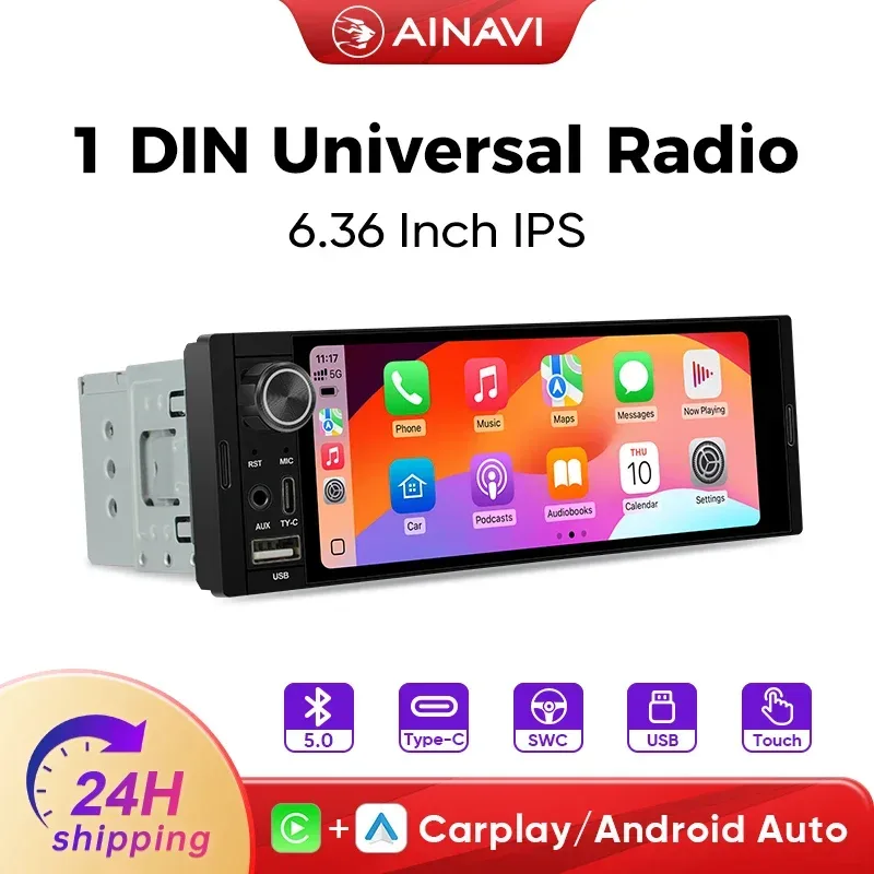 Ainavi 1Din Autoradio 6,36 Zoll Universal MP5 IPS Touchscreen Wireless Carplay Android Auto Multimedia-Player USB BT Type-C 1 DIN Carplay