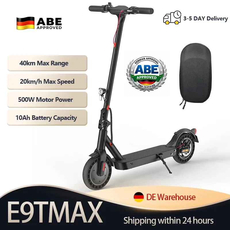 E9TMAX 10-Zoll-Elektroroller 500W 36V10Ah 35-40KM Reichweite 20KM/H 2 Geschwindigkeiten Minirobot APP Doppelbremse DE Standard E-Scooter (ABE,CE) Kostenlose Fahrradtasche