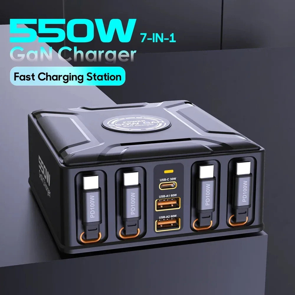 550W 7-in-1 Ladestation mit 100W einziehbarem USB-C-Kabel GaN-Schnellladegerät für MacBook Pro iPhone 17 Samsung Laptop Tablet