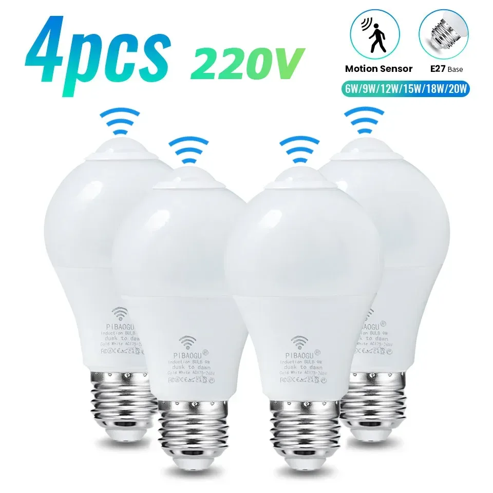 4PCS 20W 18W 15W 12W 9W 6WLampada LED E27 Radar Motion Sensor Glühbirne 189-265V Infrarot Erkennung Smart Lampe Arbeiten in Nacht