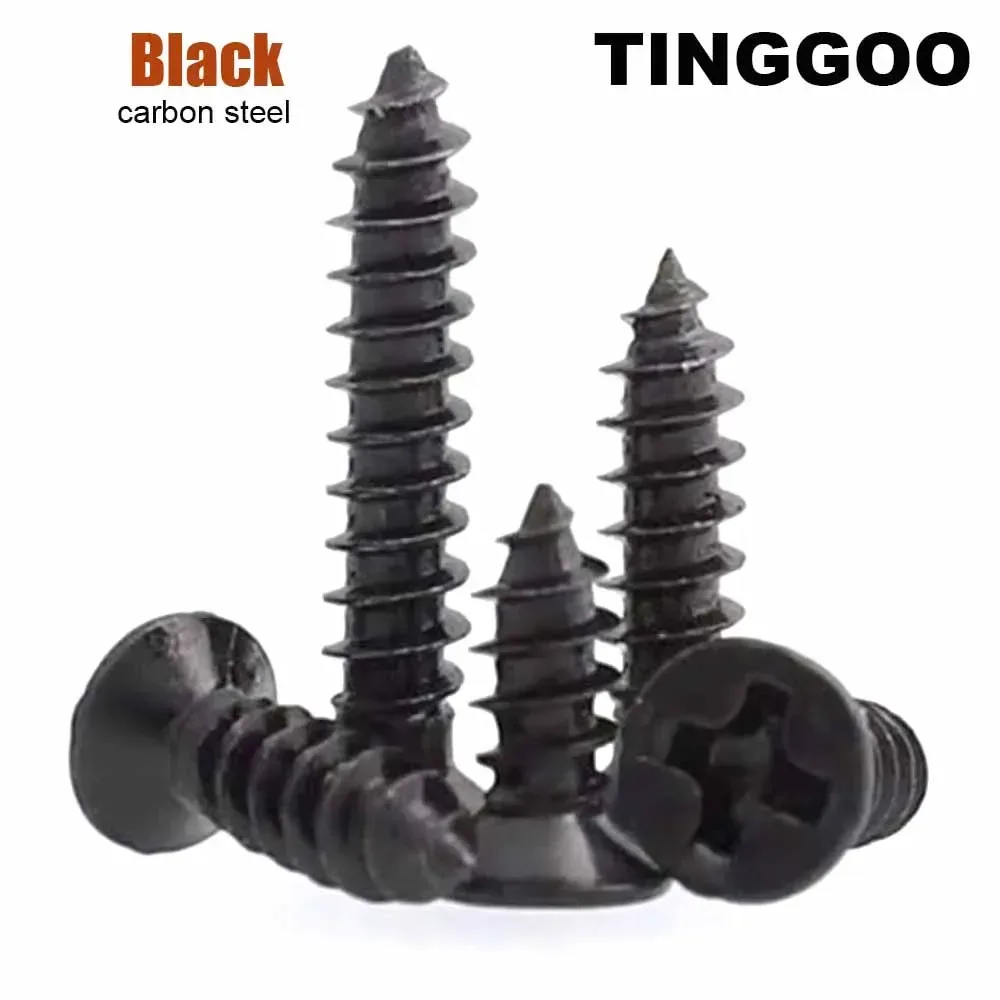 50/200 Stück KA M1 M1,2 1,4 1,7 2 M2,3 2,6 M3 M3,5 M4 schwarze Mini-Kleinkreuz-Phillips-Flachsenkkopf-selbstschneidende Holzschraube