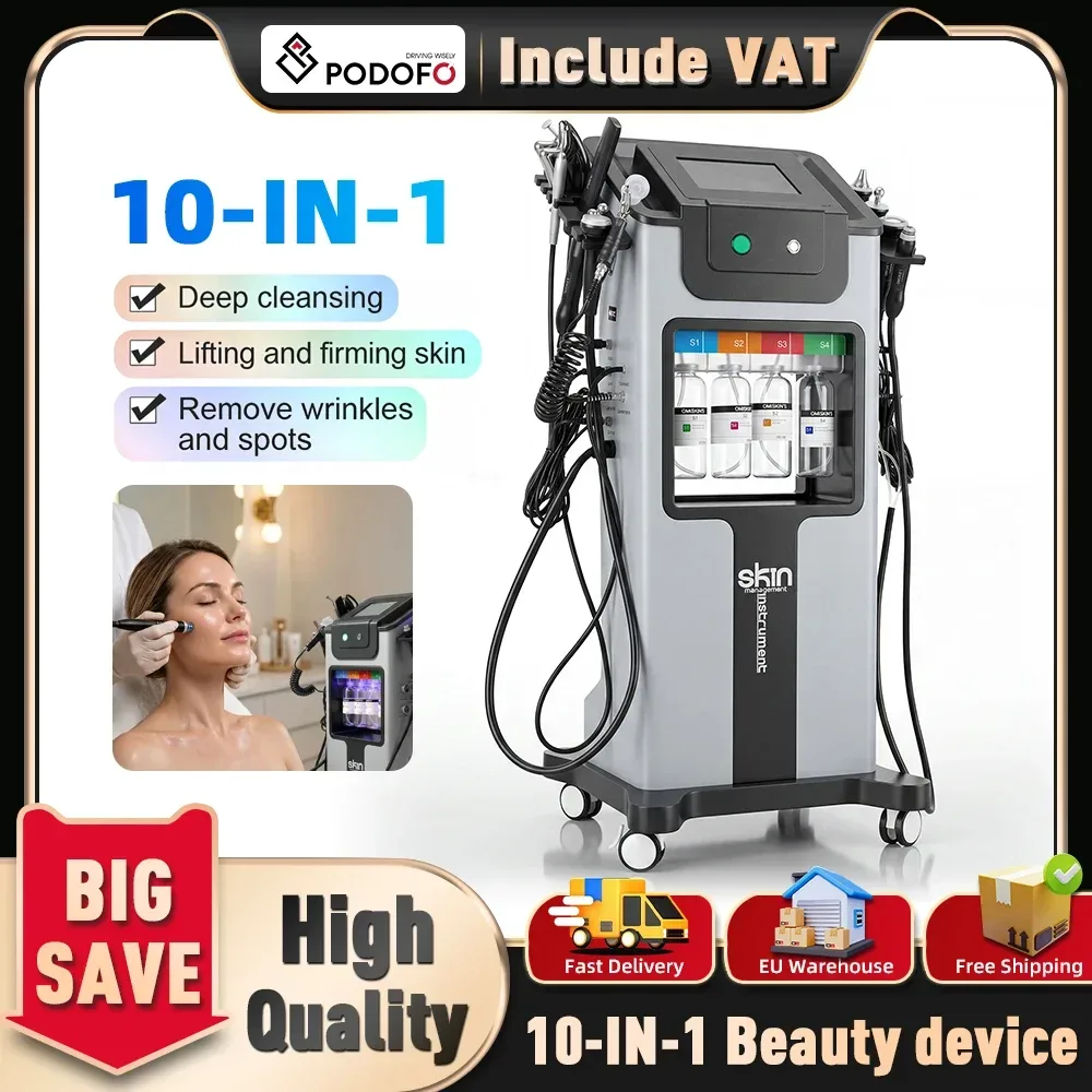 Podofo 10-in-1 Professionelles Gesichts-Schönheitsgerät Hydra Facial Maschine Hydrodermabrasion Aqua Peeling Sauerstoff-Jet Tiefenreinigung Hautstraffung Verjüngung Aufhellung Schönheitsmaschine Salon