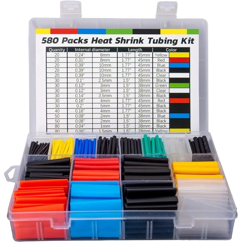 580-teiliges Schrumpfschlauch-Set aus EVA-Material in 6 Farben und 11 Größen - Ideal für Elektrische Isolierung, Reparaturen und Kabelverbindungen