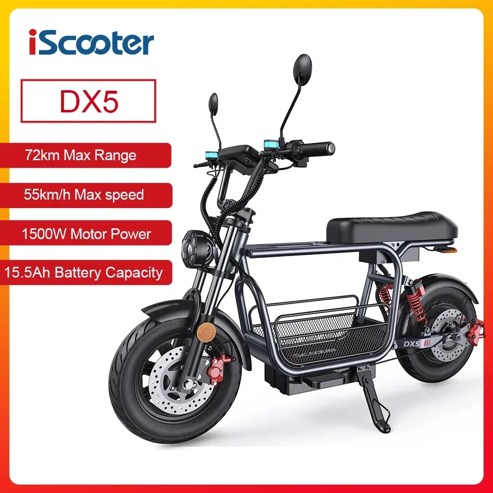IScooter DX5-1 1500W Elektroroller 48V 15,6Ah Batterie 55km/h Höchstgeschwindigkeit 60-72km Reichweite Mit Sitz und Korb 15' Reifen Mit NFC