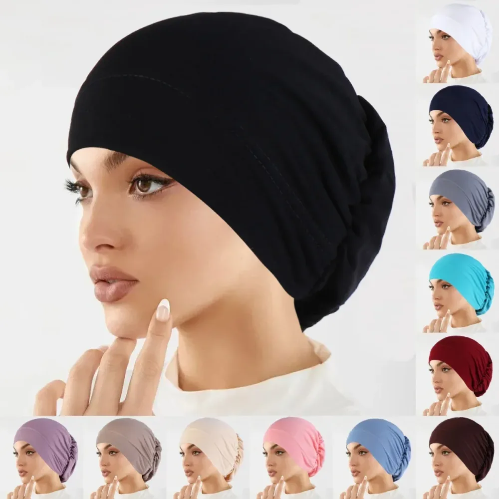Muslimische Mode Frauen Hijabs Weiche Stretch Einfarbig Turban Hut Krebs Chemo Beanies Caps Headwear Headwrap Haar Zubehör
