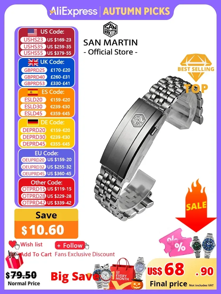 San Martin SN0144 Armband 316L Edelstahl 3 Glieder 5 Glieder J-Style Armband OTF Verstellbarer Verschluss Uhrenteile für 20mm Band