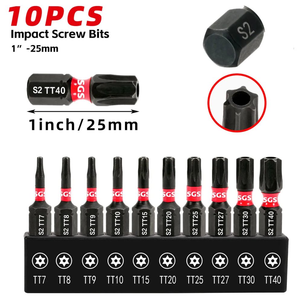 10 Stück schlagfeste Sicherheits-Torx-Bits aus S2-Stahl, 25 mm, stark magnetisch, rutschfest, hohe Härte, verschleißfest und beschädigungsbeständig, mit schwarzer Basis, Schraubendreher-Bohrer-Set