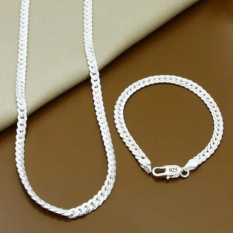 Edle Marken 5MM Flachkette 925 Sterling Silber Armbänder Halsketten Schmucksets für Herren Damen Mode Hochzeitsgeschenke