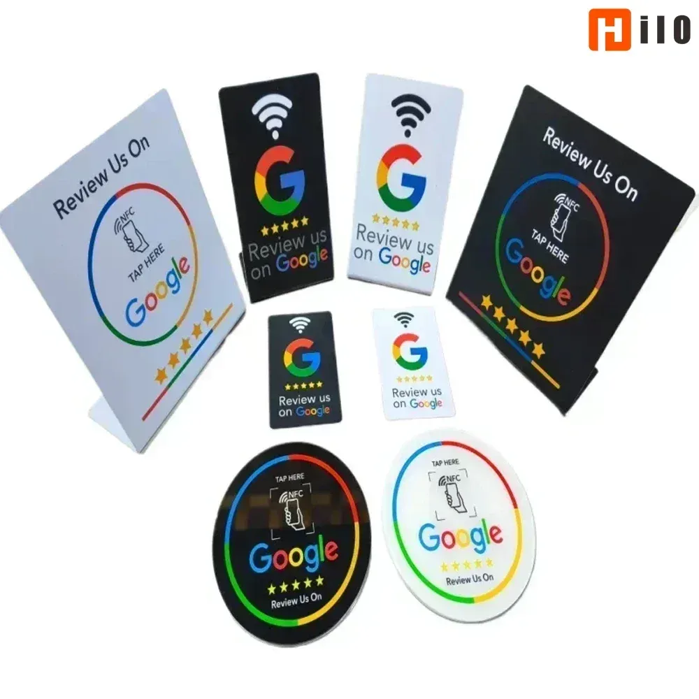 Hilo 13,56 MHz programmierbare Google Review Card NFC-Stationstisch NFC Google Reviews Display Biegekarte stehende Markenhalterung