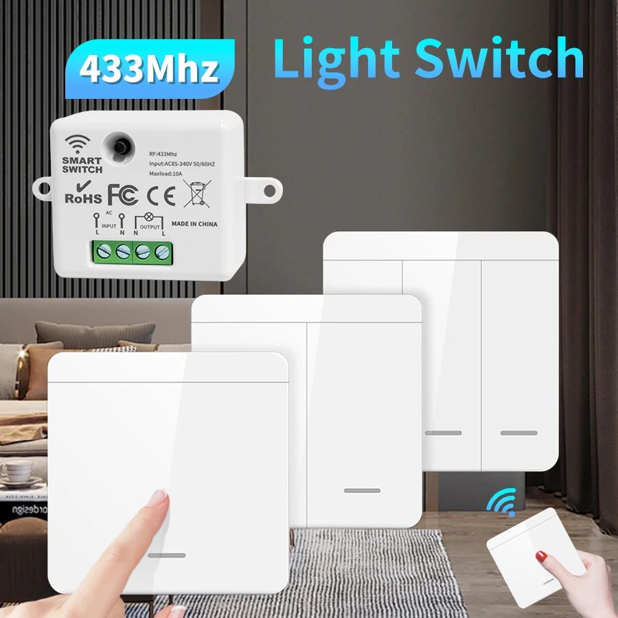 Drahtloser ON OFF-Schalter RF433-Modul Fernbedienung Lichtschalter 1/2/3 Gang Wandschalter für Glühbirne Kronleuchter 10A 110V 220V