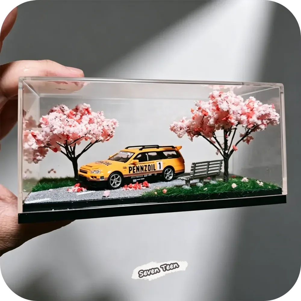 1:64 Kirschblüten-Szenerie Acryl-Vitrine Heimdekoration Ständer Mini-Ornament Aufnahmeszene Jungen-Sammlung Geschenk