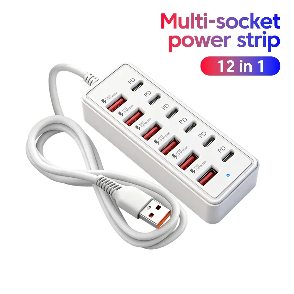 12-in-1-USB-Ladestation mit 6 USB-A- und 6 USB-C-Anschlüssen, schnelles Ladegerät, Mehrfachsteckdose mit Kabel-HUB für Zuhause und Büro