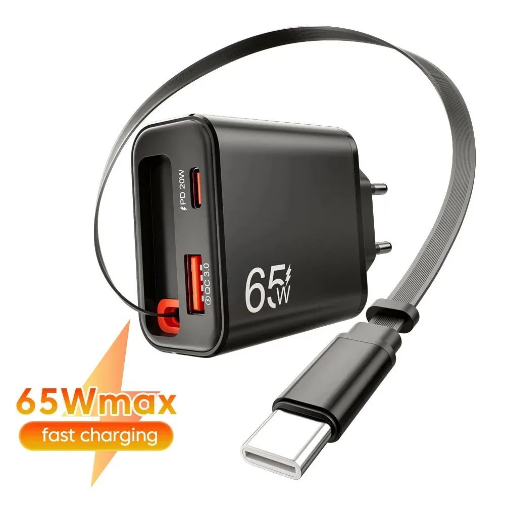 Neues 65W Superschnelles USB-C-Ladegerät mit Einziehbarem USB-C-Kabel für iPhone 17 16 15 Samsung POCO Xiaomi