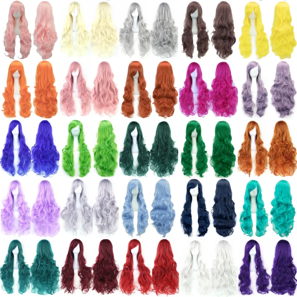 Soowee lockiges langes Kunsthaar, grüne Perücke, Haarteil, rosa, schwarz, Party-Haar, Cosplay-Perücken für Frauen
